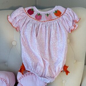 Pink Floral Smocked One-Piece Bodysuit with Pumpkin Embroidery